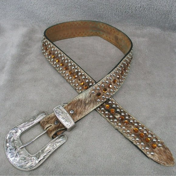 Belt Womens 28 Brown Genuine Leather Rhinestone Studded main image 8